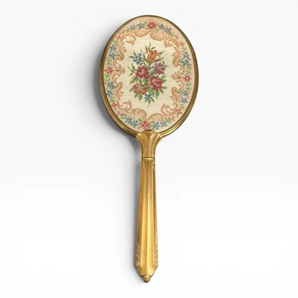 VTG Austrian‎ Style Petit Point Floral Vanity Hand Mirror Gold Tone 14
